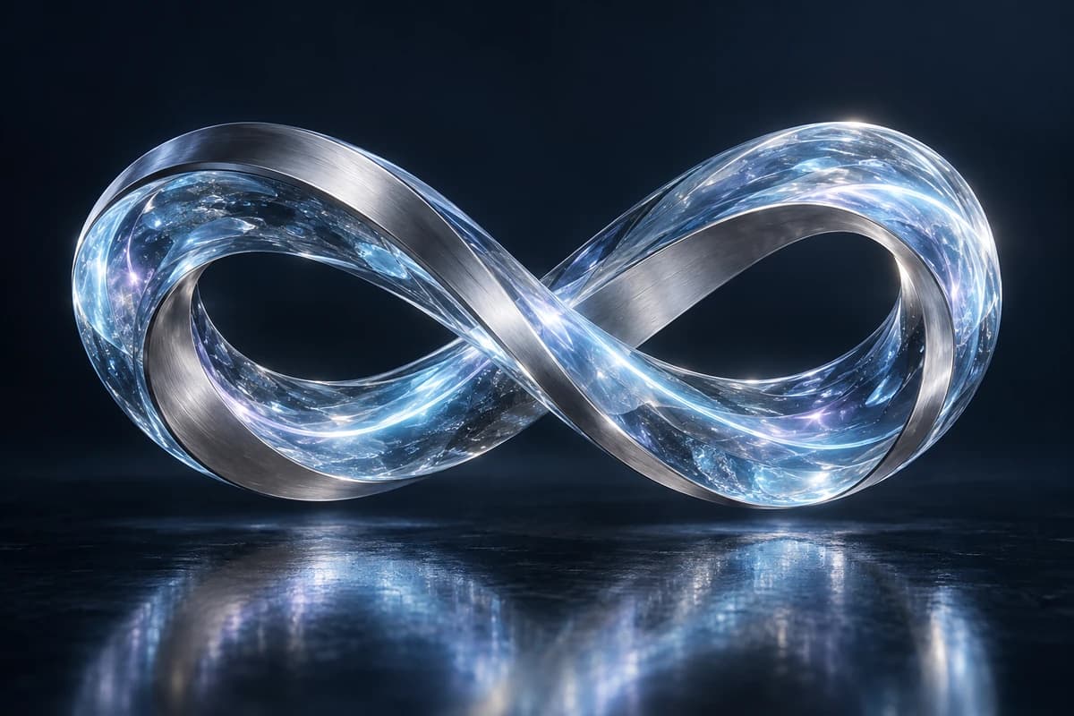 Continuum: a continuous blue-glass and titanium infinity sculpture with a luminous internal current.
