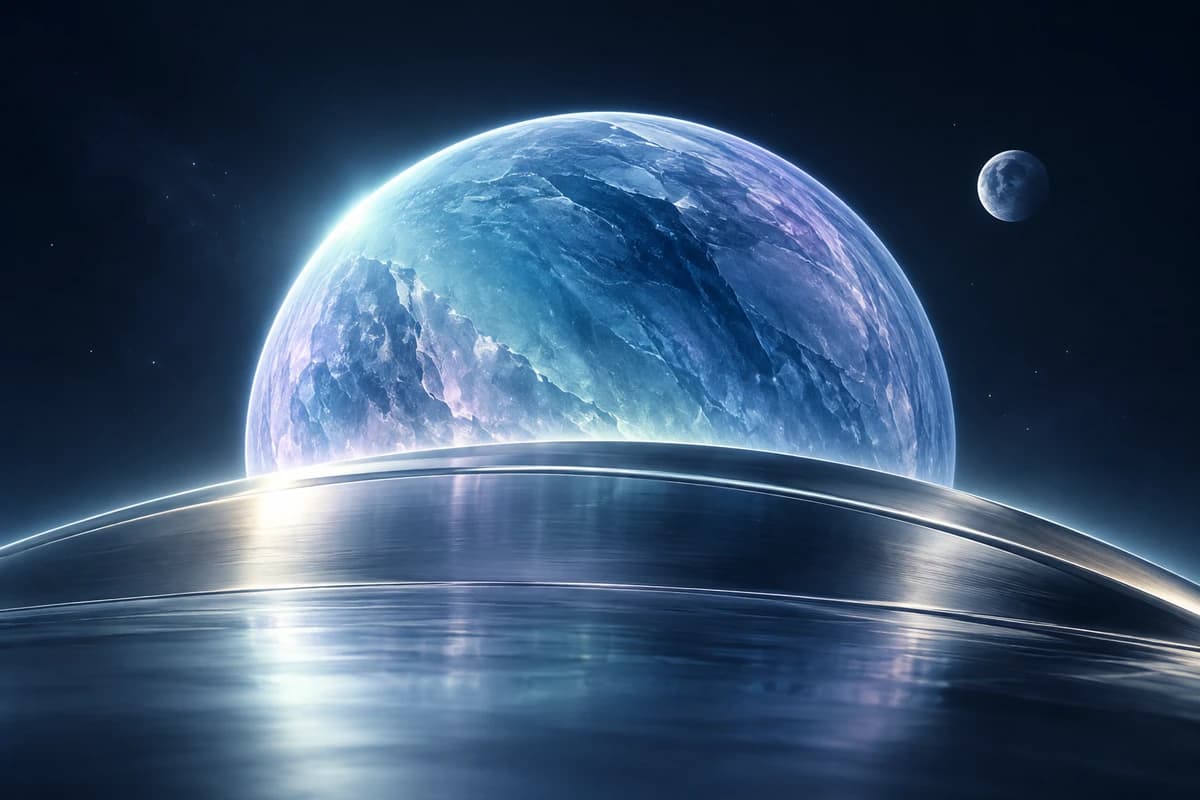 Horizon: a blue-and-lavender crystalline hemisphere rising behind a softly illuminated titanium horizon.
