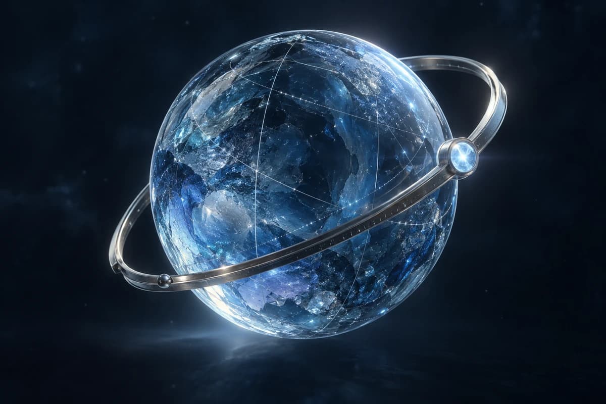 Meridian: a crystalline blue sphere with etched meridian paths and a luminous observation point.