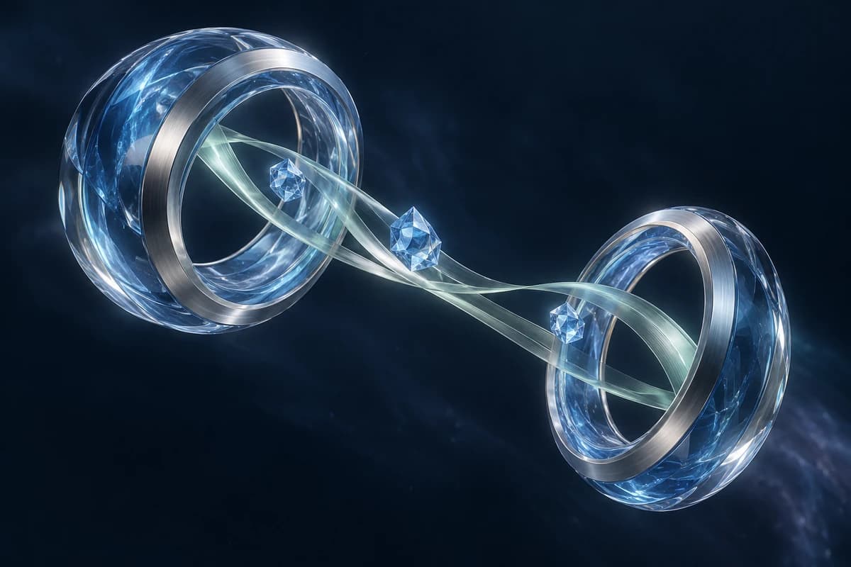 Relay: two blue-glass gateways joined by a pale mint ribbon carrying blue crystals.