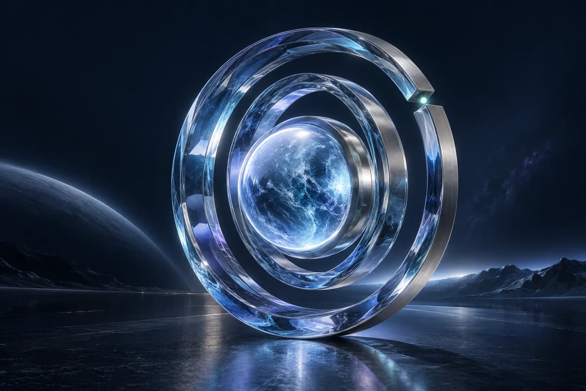 Signet: a luminous blue core enclosed by concentric beveled glass rings and a defined opening.