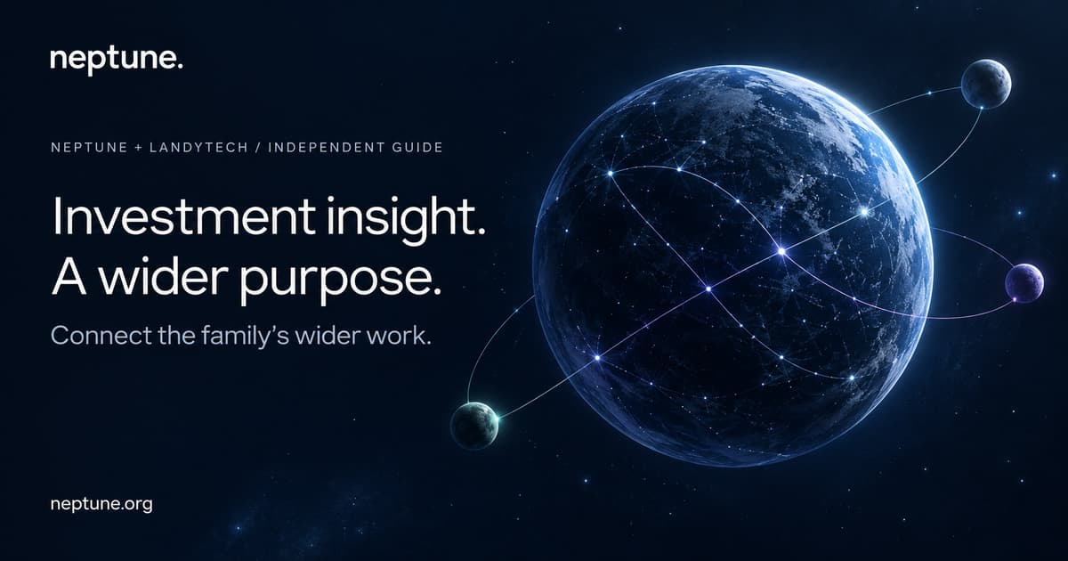 Neptune and Landytech — Investment insight. A wider purpose. A glowing constellation across a blue globe extends to smaller moons.