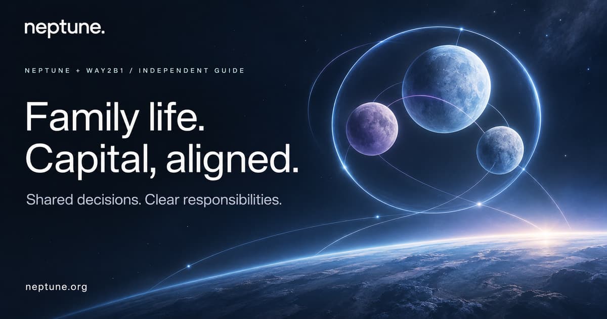 Neptune and Way2B1 — Family life. Capital, aligned. Three blue-and-lavender moons share an orbital ring, representing decisions and responsibilities.